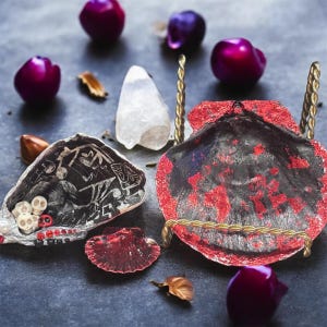 Puede incluir: Arte decorativo de conchas marinas con un interior oscuro y texturizado y detalles en rojo. Las conchas se exhiben con un soporte dorado y están rodeadas de elementos decorativos morados y un cristal transparente. Las conchas están adornadas con calaveras y otros diseños.