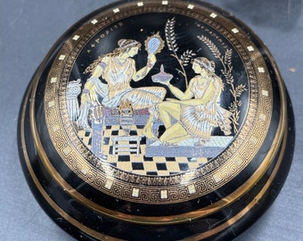Vintage griechisches handgemaltes Schmuckglas.  24K Goldborte Stakias Designs.