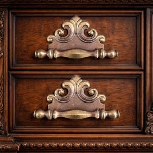 Pode incluir: Close-up de uma secção de um armário de madeira castanha escura com duas gavetas. Cada gaveta tem uma pega decorativa de latão com um design ornamentado em forma de voluta. O grão da madeira é visível e o armário tem detalhes esculpidos.