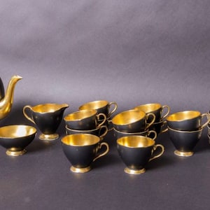 EB Foley Full Tea Set of Ebony and Gold Fine Bone China #1721 (28 Pieces). Black & Gold Demitasse.  1948-1963.