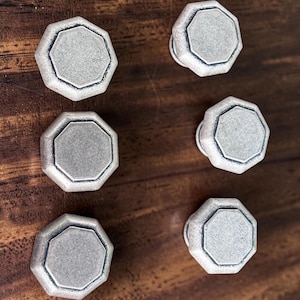 Set of 6 Vintage Pewter Cabinet Knobs | 1.25” Hexagon Metal Drawer Pulls | Rustic Farmhouse Hardware | Made in USA
