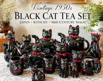 Vintage 1950s Sheffield | Vintage Black Cat Teapot Set | 1950s Japan Kitschy Ceramic | Mid Century Cat Lover Gift Decor