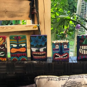 Five Pieces of Handmade Repurposed Wooden Blocks w/Painted Tiki Faces. Glow-in-the-Dark.  Tiki Bar Decor.  Tiki Hut.  Tiki Faces.  Tiki Art.
