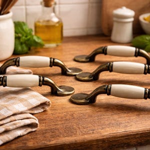 Set of 7 Vintage Brass & Cream Ceramic Drawer Pulls | Cottage Kitchen Handles | French Country Cabinet Hardware 3” Spacing