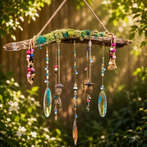 Può includere: Una decorazione da parete sospesa composta da un pezzo orizzontale di legno galleggiante ricoperto di muschio verde. Cinque fili di spago pendono dal legno, decorati con perline colorate, piccoli ciondoli a fungo e tre cristalli trasparenti.