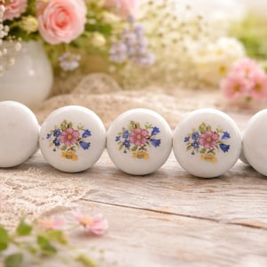 Set of 5 Porcelain Drawer Knobs. 3 With Floral Bouquet. Pull Handles.