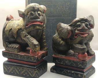 1644-1911 Antique Pair of Chinese Carved Wooden Pair of Fu Dogs, Temple Guardians.  Statues. Book Ends.