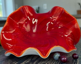 Vintage Ruby Red Cased Art Glass Bowl | Ruffled White Milk Glass | Mid Century Freeform Decorative Bowl | Red Glass Candy Dish