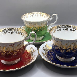 Royal Albert Teacup & Saucer “Regal Series” in Cobalt Blue, Green, and Red.  Sold Separately