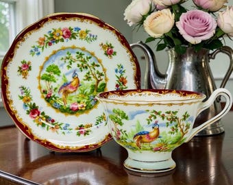 Royal Albert Chelsea Bird Demitasse Cups – Burgundy Floral Bone China, Vintage English Teacups, Set of 3 Espresso Cups - Sold as one lot