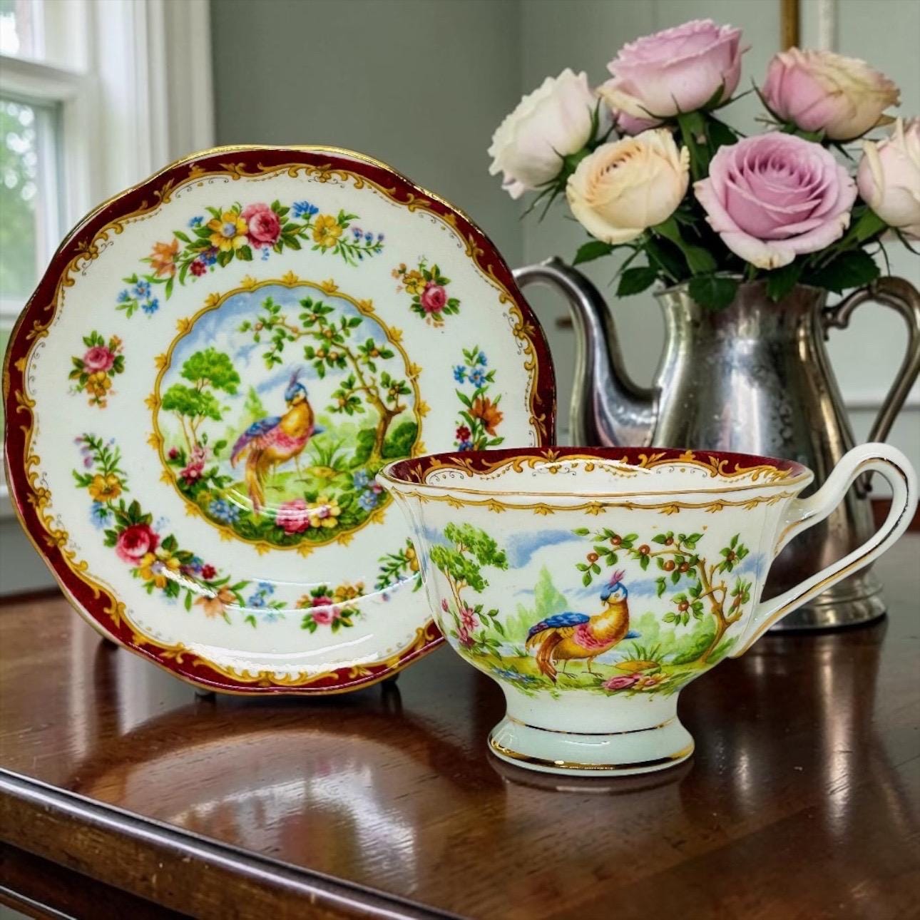 Royal Albert Chelsea Bird Demitasse Cups – Burgundy Floral Bone