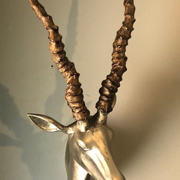 Gazelle Head Wall Sculpture Made of Cast Aluminum Nickle.  Silver-Toned and Rusty Brass/Tone Antlers.