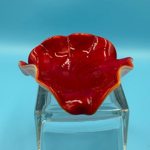 Vintage Red Cased Art Glass Bowl: Handblown Ruffled Candy Dish