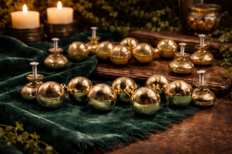 25 Solid Brass Round Knobs: Shiny Gold Finish, 1.25" with Screws image 1