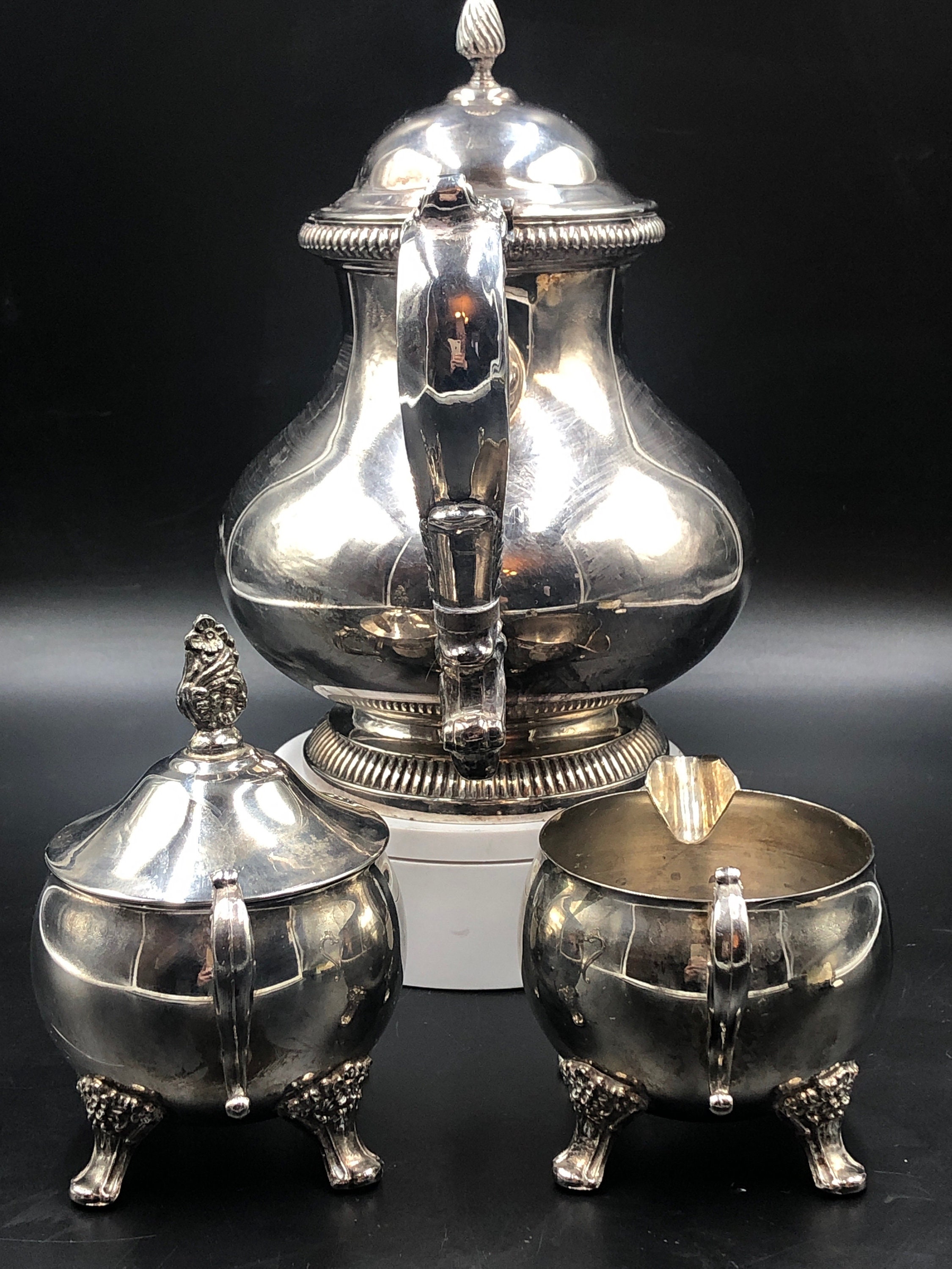 Silver Plated Coffee/Tea Set, 2 white cups & Holder, Sugar Bowl, Tray,  Spoons