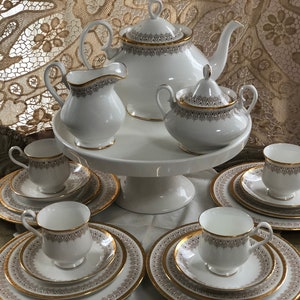 Royal Albert “Burlington” Luncheon Set Fine Bone China + Teapot, Sugar & Creamer, Teacup and Saucer, Soup Bowls