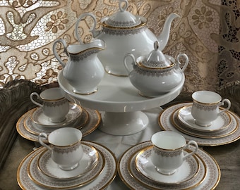 Royal Albert “Burlington” Luncheon Set Fine Bone China + Teapot, Sugar & Creamer, Teacup and Saucer, Soup Bowls