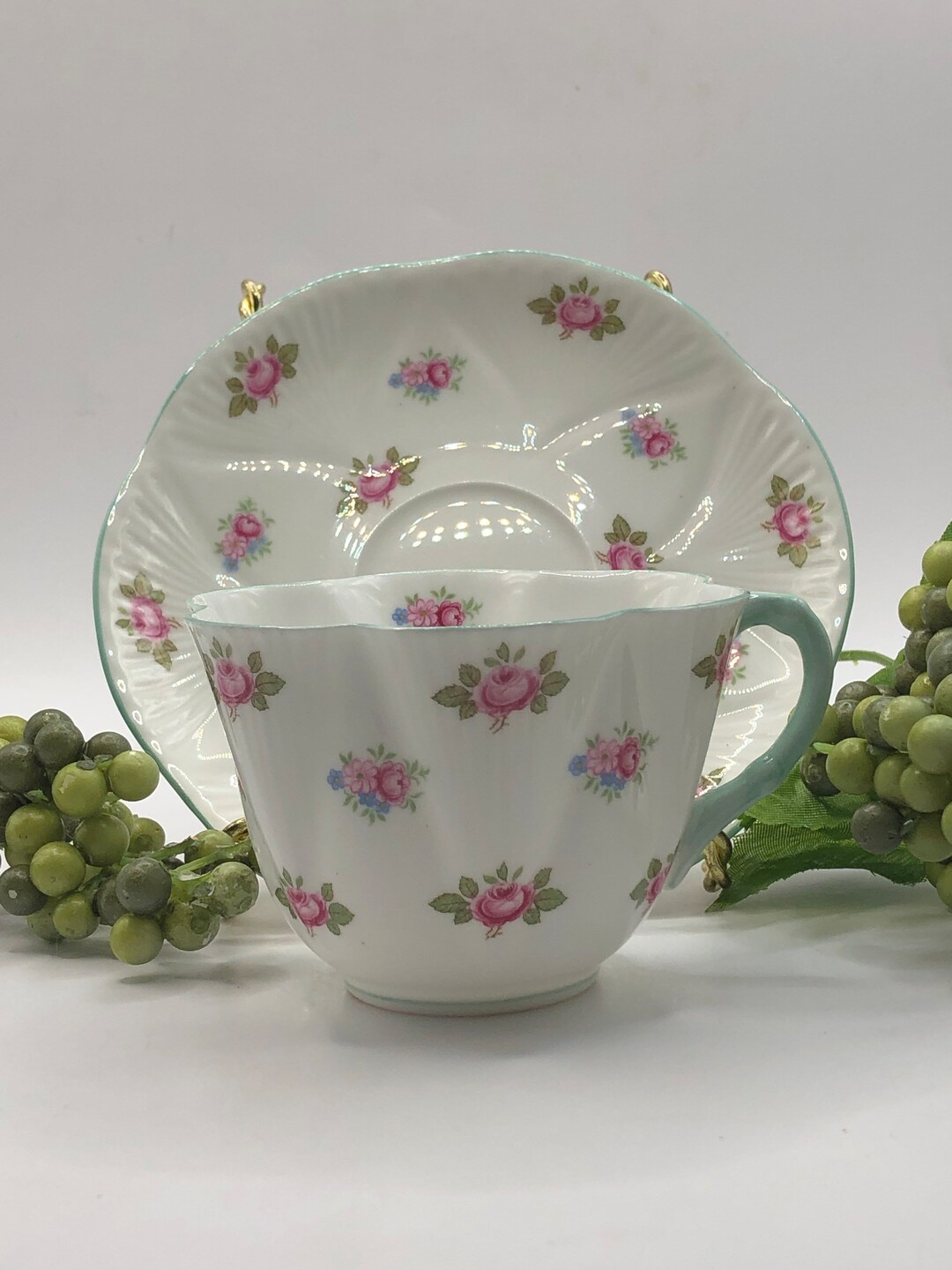 19201930 Shelley Fine Bone China Teacup & Saucer rosebud A13426 Green Handle Etsy