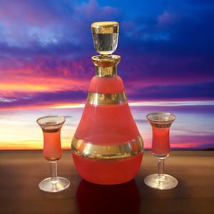 MCM French Bell Shaped Frosted Orange Decanter And Set Of Two Glasses. French Style Glass Decanter. Vintage Barware. Sugared Orange Glass.