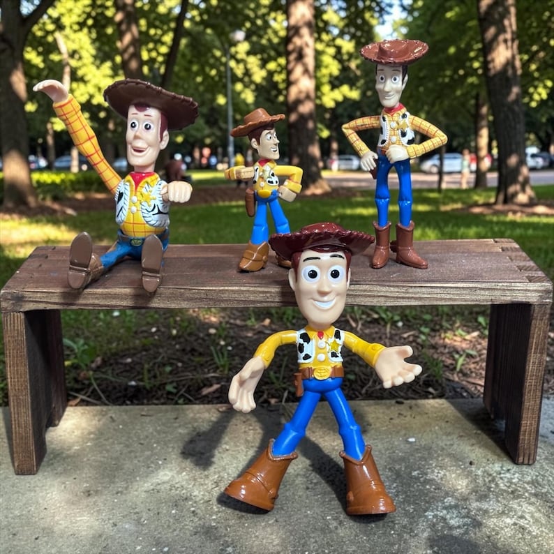 K&ouml;nnte beinhalten: Vier Woody-Actionfiguren aus dem Toy Story-Franchise werden auf einer Holzbank ausgestellt. Die Figuren tragen Cowboyh&uuml;te, gelbe Hemden, blaue Hosen und braune Stiefel. Eine Figur sitzt, w&auml;hrend die anderen in verschiedenen Posen stehen.
