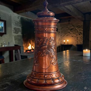 Könnte beinhalten: Ein hohes, zylindrisches Kupfergefäß mit passendem Deckel, das auf der Vorderseite ein markantes geprägtes Wappen zeigt. Die Metalloberfläche weist einen warmen, orange-braunen Farbton mit kunstvollen Zierbändern an Basis und Deckel auf.