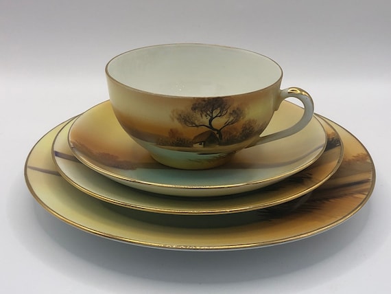 食器 Noritake vintage 1950 Vintage Noritake Set 66 Pieces Green & Gold Trim Floral