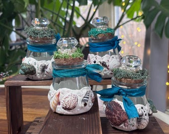 Nautical Decorated Glass Jars – Set of 4 • Real Seashells • Faux Pearls • Beach Cottage Decor • Mermaid Coastal Aesthetic • 4 oz