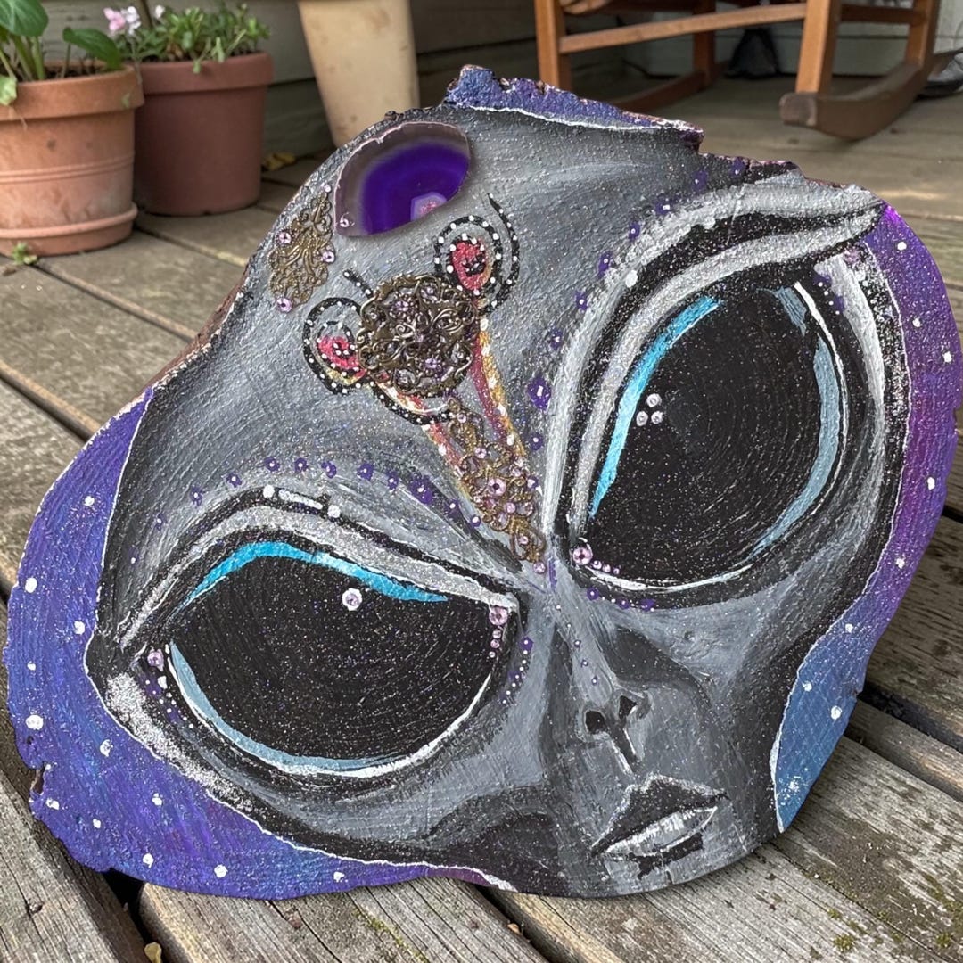 Alien Pop Art Live Edge Wood Slab | Hand Painted Outdoor Garden Art ...