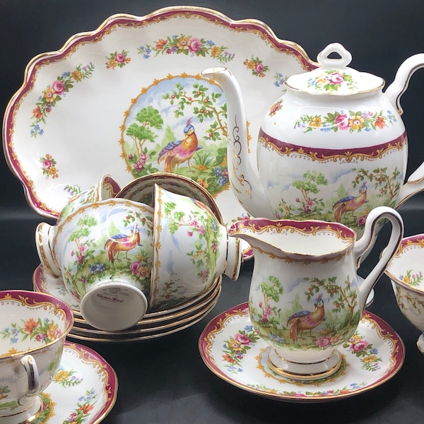 Royal Albert Chelsea Bird Burgundy Pattern, Teapot, Demitasse, Tray, and Sugar & Creamer