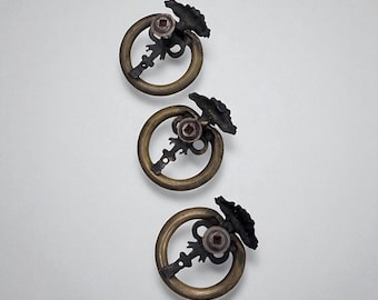 3 Antique Cast Iron Drawer Pulls • Ornate Ring Handle • Gothic Revival / Victorian Furniture Hardware • Vintage Drawer Pulls • 1920c Handle