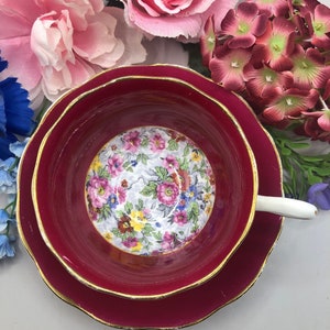 1925-1927 Royal Albert Crown China Maroon Teacup & Saucer w/Chintz Floral Centre