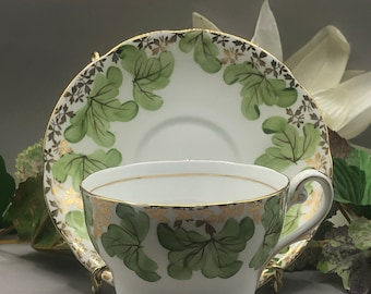 Teacup & Saucer Green Leaves and Gold Trim - Unmarked