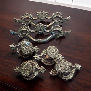 Vintage Canadian Brass Drawer Hardware Set, Ornate Knobs & Pulls, Antique Furniture Handles, 1930s Cabinet Dresser Hardware