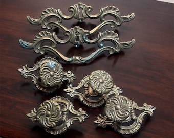 Vintage Canadian Brass Drawer Hardware Set, Ornate Knobs & Pulls, Antique Furniture Handles, 1930s Cabinet Dresser Hardware
