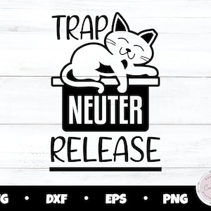 May include: Black and white digital design featuring a cat in a trap with the text "Trap Neuter Release".