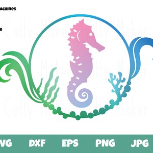 Puede incluir: Diseño de un caballito de mar colorido en un marco circular, con un degradado de rosa, morado y azul. El diseño incluye elementos de algas marinas y coral, con las palabras "Die Cut Machines, Clipart, Printable" y opciones de tipo de archivo.