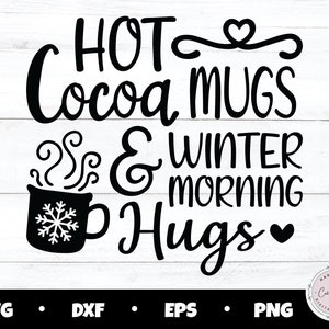 以下が含まれることがあります： 「HOT Cocoa MUGS & WINTER MORNING Hugs」というテキストと、蒸気と雪の結晶のデザインが施されたスタイリッシュなマグカップが描かれた白黒のデザインです。