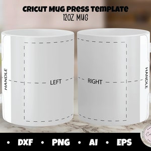 Puede incluir: Plantilla de taza blanca de 355 ml para Cricut Mug Press. El dise&ntilde;o incluye l&iacute;neas discontinuas que indican el &aacute;rea imprimible, con etiquetas para "IZQUIERDA", "DERECHA" y "ASA". El texto "CRICUT MUG PRESS TEMPLATE" y "12OZ MUG" est&aacute;n en la parte superior.