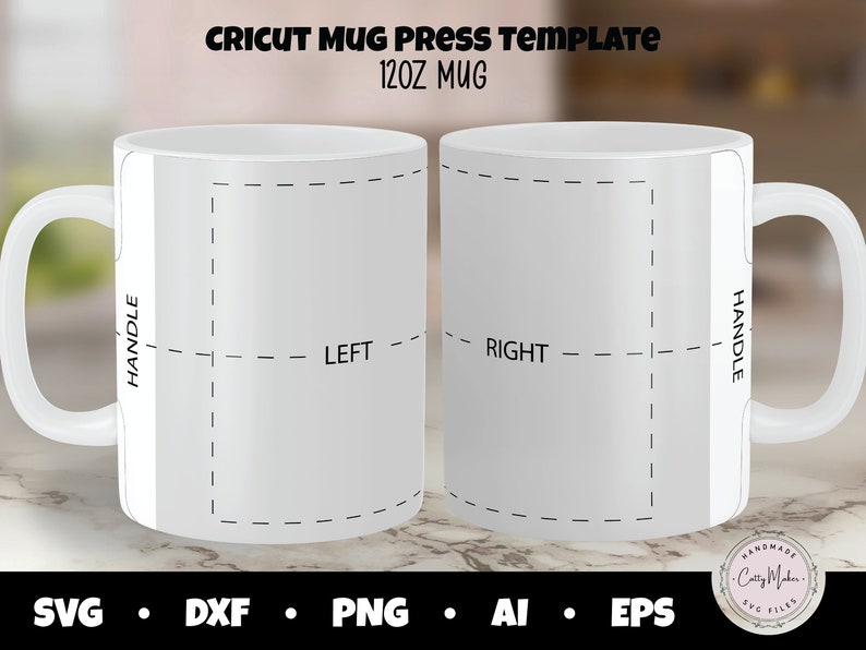 Puede incluir: Plantilla de taza blanca de 355 ml para Cricut Mug Press. El dise&ntilde;o incluye l&iacute;neas discontinuas que indican el &aacute;rea imprimible, con etiquetas para "IZQUIERDA", "DERECHA" y "ASA". El texto "CRICUT MUG PRESS TEMPLATE" y "12OZ MUG" est&aacute;n en la parte superior.