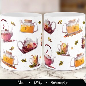 May include: White ceramic mug with a sublimation design featuring a repeating pattern of teapots filled with different types of tea. The teapots are clear glass with various fruits and herbs inside. The background is white with green leaves and tea bags scattered throughout.
