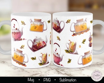 Tea Pot Pattern Mug Sublimation Design (PNG Digital Download)