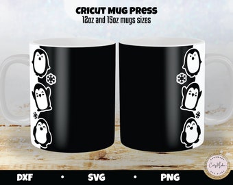 May include: Two black mugs with white penguin designs on one side. The mugs are 12oz and 15oz sizes. The text "Cricut Mug Press" is at the top of the image. The text "12oz and 15oz mugs sizes" is below the title. The text "DXF, SVG, PNG" is at the bottom of the image.
