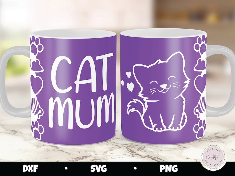 May include: Purple ceramic mug with a white cat design and the text "Cat Mum" on one side and a white cat with a smiling face on the other side.