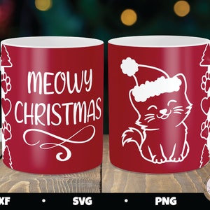 May include: A red coffee mug with a white design. The design features a cat wearing a Santa hat and the text "MEOWY CHRISTMAS".
