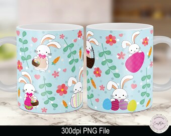 May include: Two white ceramic mugs with a blue background and a repeating pattern of bunnies holding Easter eggs and baskets. The bunnies are white with pink noses and pink bows. The background is light blue with green leaves, pink flowers, and white dots.