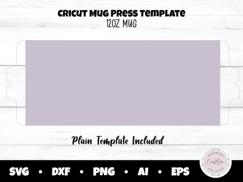 May include: A Cricut mug press template for a 12oz mug. The design features a rectangular shape with a light purple center and white edges. The text "Plain Template Included" is below the rectangle, with file type icons at the bottom.