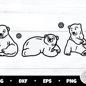 May include: Three black and white line drawings of polar bears. The bears are in different poses. One is sitting with its paws crossed, one is lying down, and one is standing with its paws raised. There are small snowflake designs in the background.