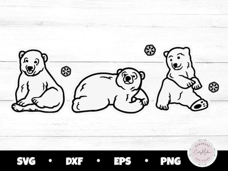 May include: Three black and white line drawings of polar bears. The bears are in different poses. One is sitting with its paws crossed, one is lying down, and one is standing with its paws raised. There are small snowflake designs in the background.