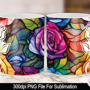 Stain glass mug design, rose mug wrap png, coffee mug sublimation designs, sublimation mug designs, coffee mug designs, 15 oz mug template
