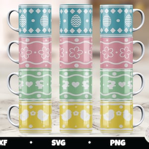 May include: Set of four stacked mugs featuring Easter-themed designs. The mugs are white with blue, pink, green, and yellow patterns. Each mug has a different design, including eggs, flowers, bunnies, and chicks.
